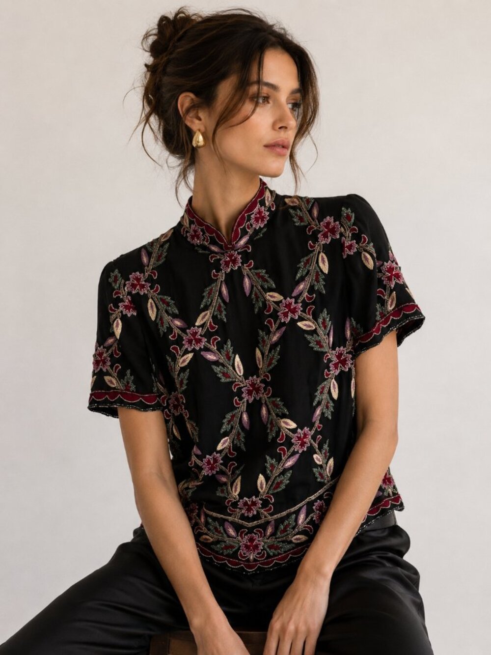 Vintage Papell Boutique Silk Hand Beaded Top Black Floral Sequin Evening Blouse
